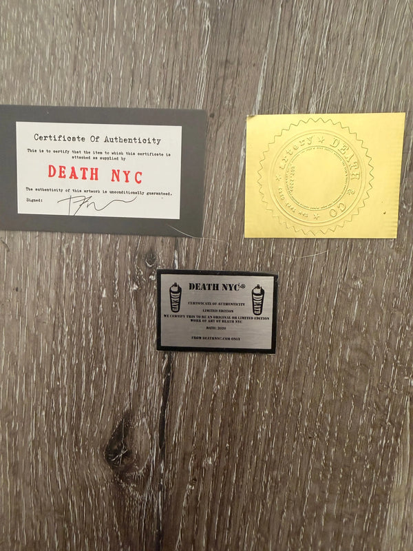 Death NYC Certificate of Authenticity set: gold embossed Death & Co seal, artist-signed COA card, and metal DEATH NYC plaque