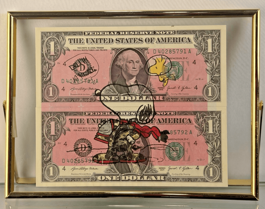 Death NYC — Snoopy & Woodstock on U.S. Dollar Diptych Signed LE - Gauntlet Gallery