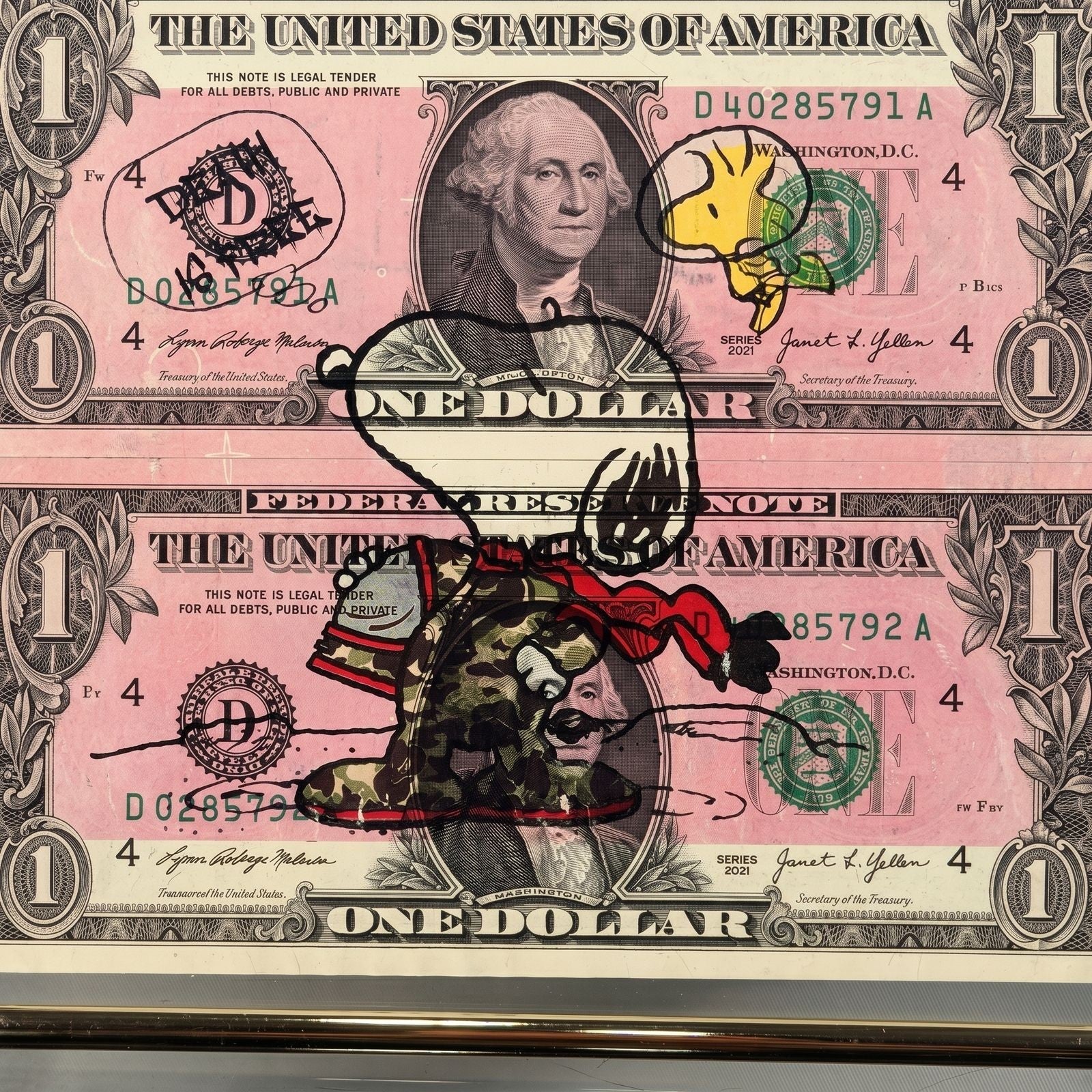 Death NYC — Snoopy & Woodstock on U.S. Dollar Diptych Signed LE - Gauntlet Gallery