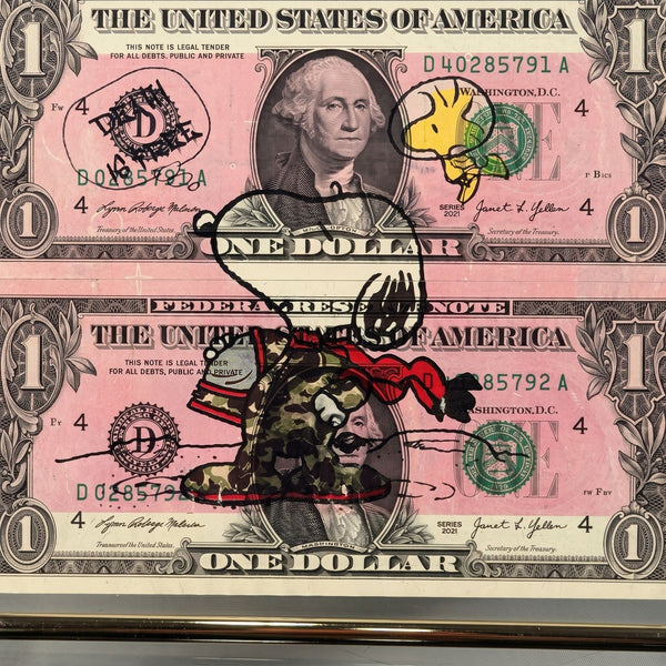 Death NYC — Snoopy & Woodstock on U.S. Dollar Diptych Signed LE - Gauntlet Gallery