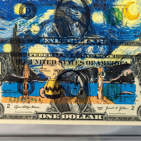 Death NYC Van Gogh Starry Night Snoopy Signed Dollar Bill Diptych Framed 2024 - Gauntlet Gallery