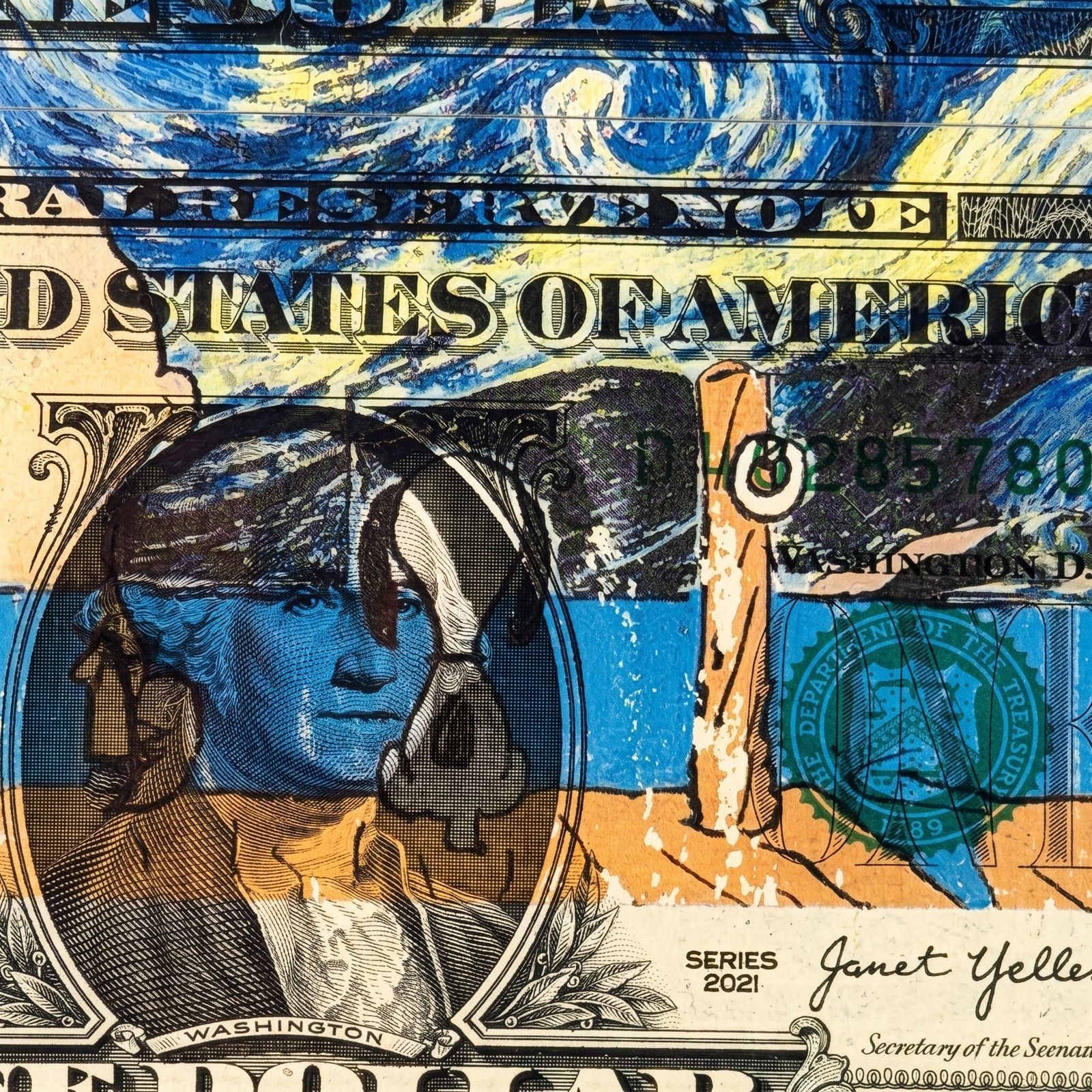 Death NYC Van Gogh Starry Night Snoopy Signed Dollar Bill Diptych Framed 2024 - Gauntlet Gallery