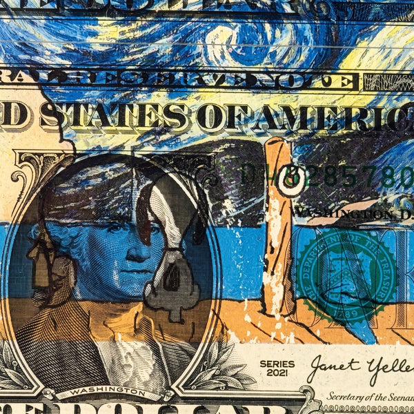 Death NYC Van Gogh Starry Night Snoopy Signed Dollar Bill Diptych Framed 2024 - Gauntlet Gallery