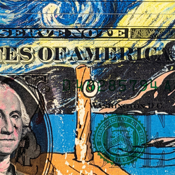 Death NYC Van Gogh Starry Night Snoopy Signed Dollar Bill Diptych Framed 2024 - Gauntlet Gallery