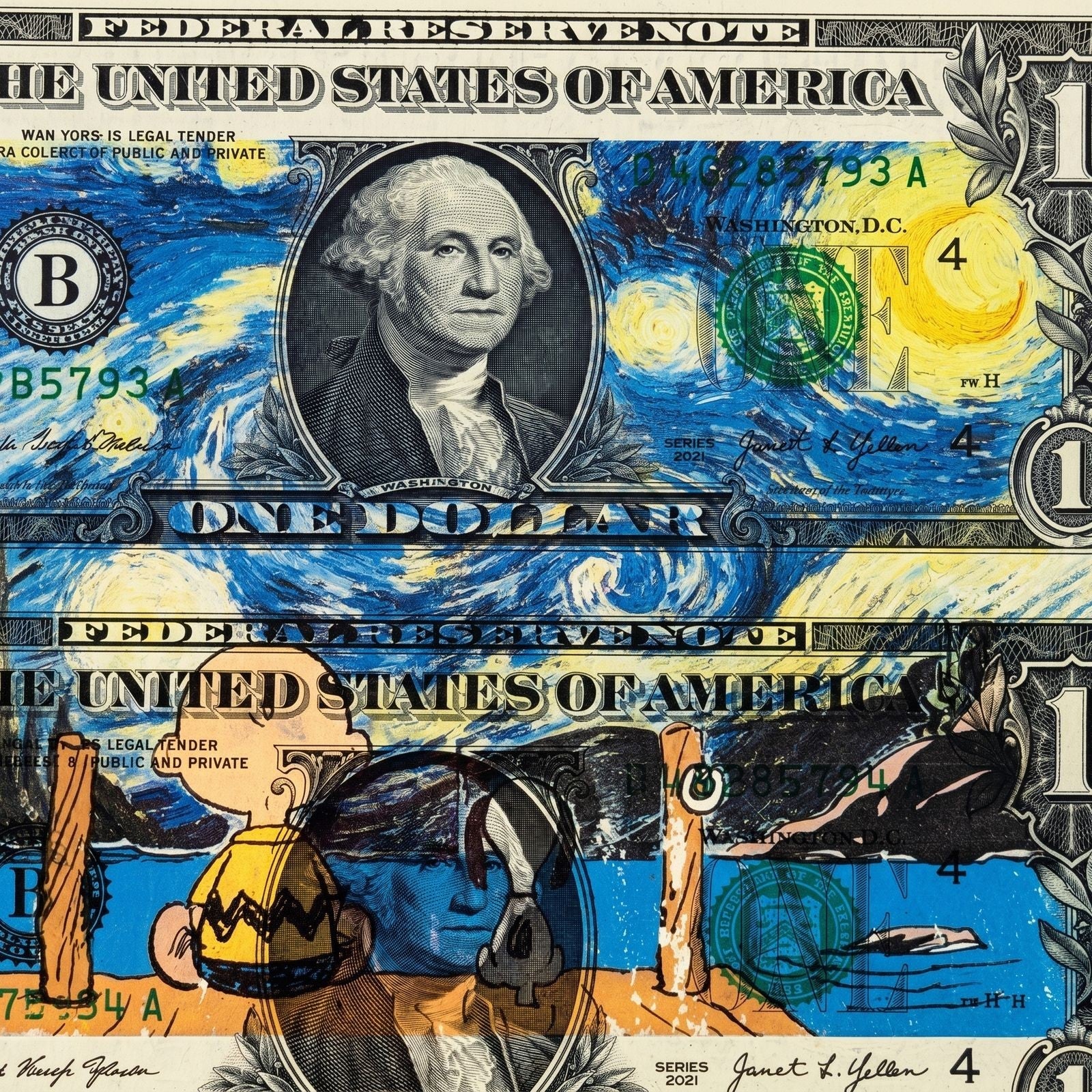 Death NYC Van Gogh Starry Night Snoopy Signed Dollar Bill Diptych Framed 2024 - Gauntlet Gallery