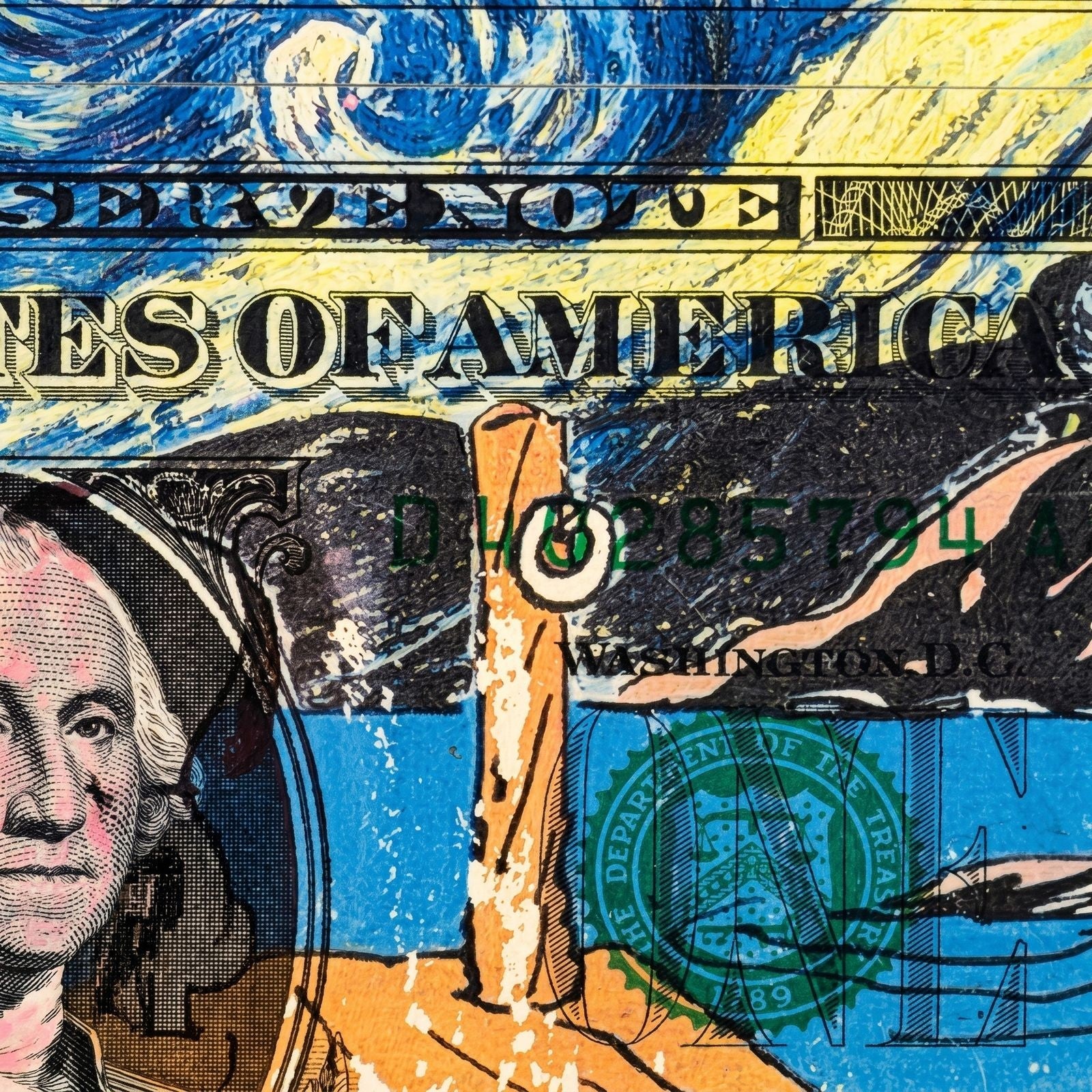 Death NYC Van Gogh Starry Night Snoopy Signed Dollar Bill Diptych Framed 2024 - Gauntlet Gallery
