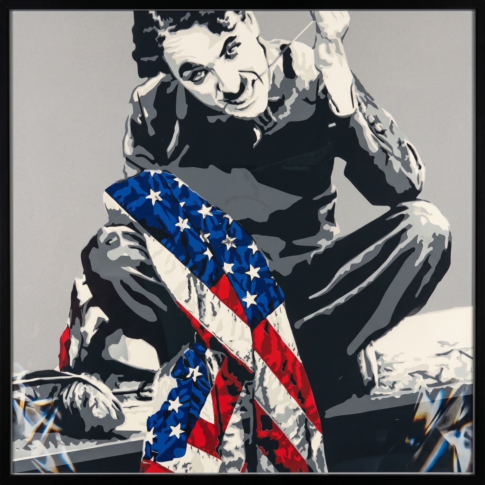 Mr. Brainwash 2018 "Recovery Plan" Signed Screenprint of Chaplin with USA Flag - Gauntlet Gallery