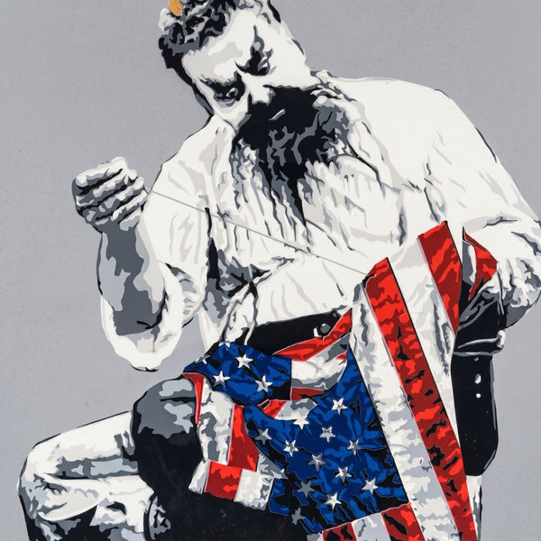 Mr. Brainwash 2018 "Recovery Plan" Signed Screenprint of Chaplin with USA Flag - Gauntlet Gallery
