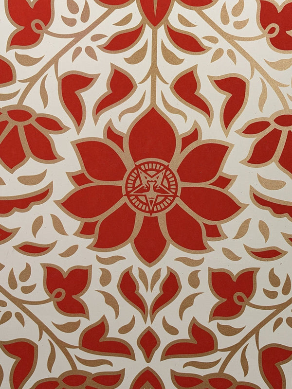Shepard Fairey Floral Pattern Red Gold Signed Numbered Screen Print Obey Giant