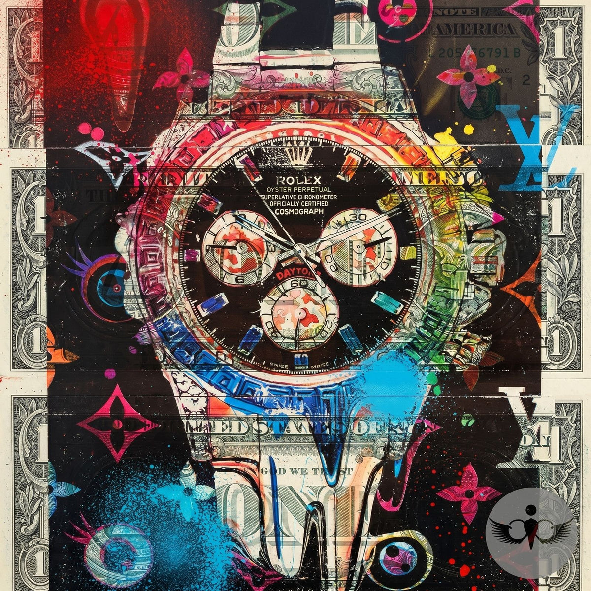 Death NYC 1/1 Rolex Daytona Mixed Media on $1 Bills with COA, Framed Art
