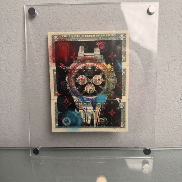 Death NYC 1/1 Rolex Daytona Mixed Media on $1 Bills with COA, Framed Art