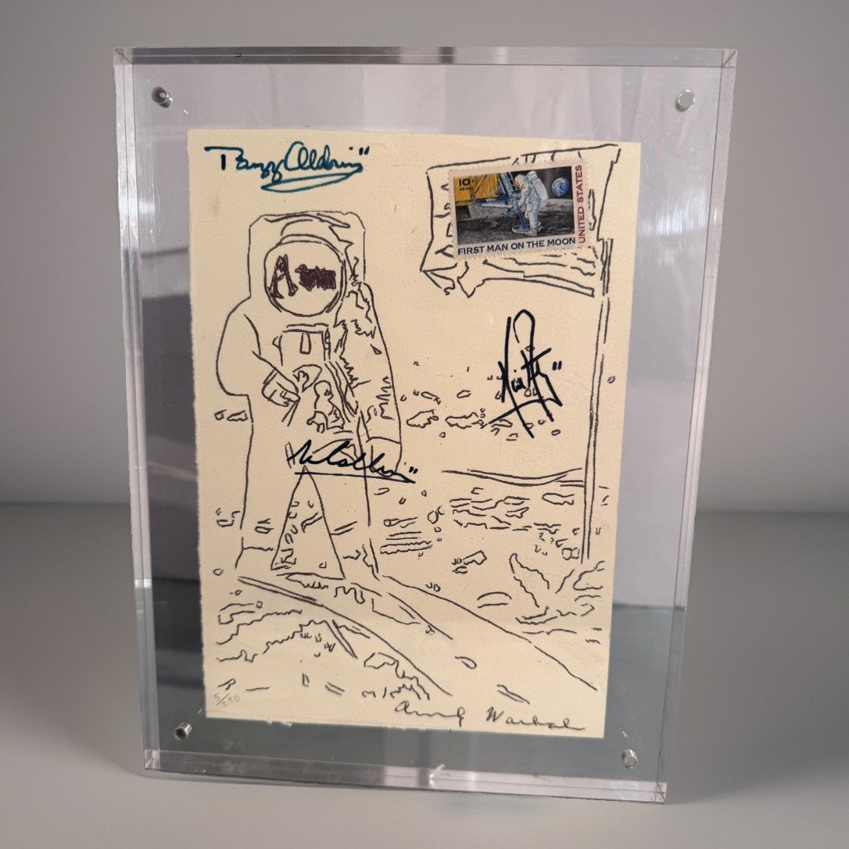 After Andy Warhol Moon Landing Line Drawing 5/50 w/ Astronaut Autographs As-Is