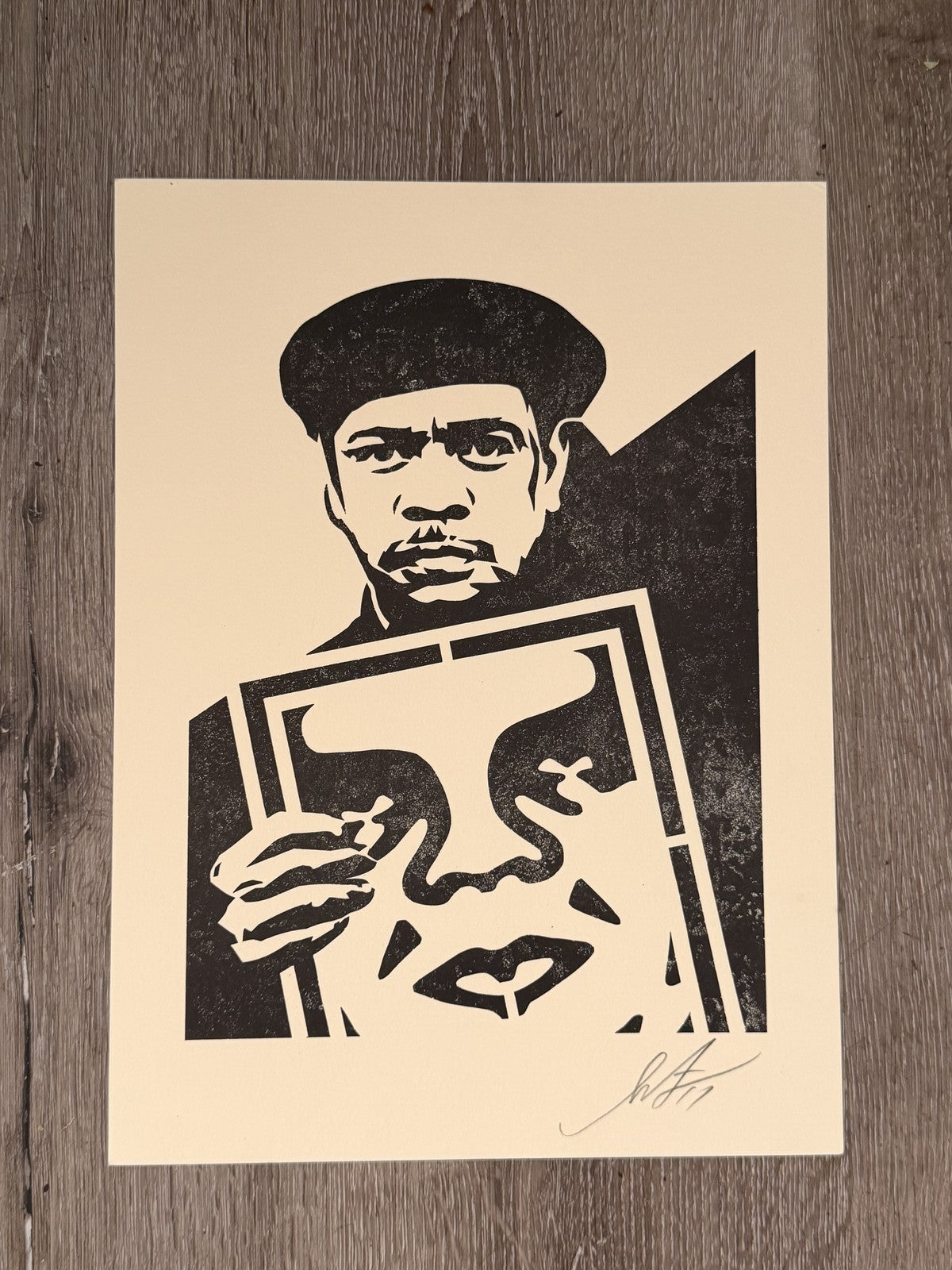 Shepard Fairey Signed Letterpress Print Man Holding Framed Art OBEY 10x13