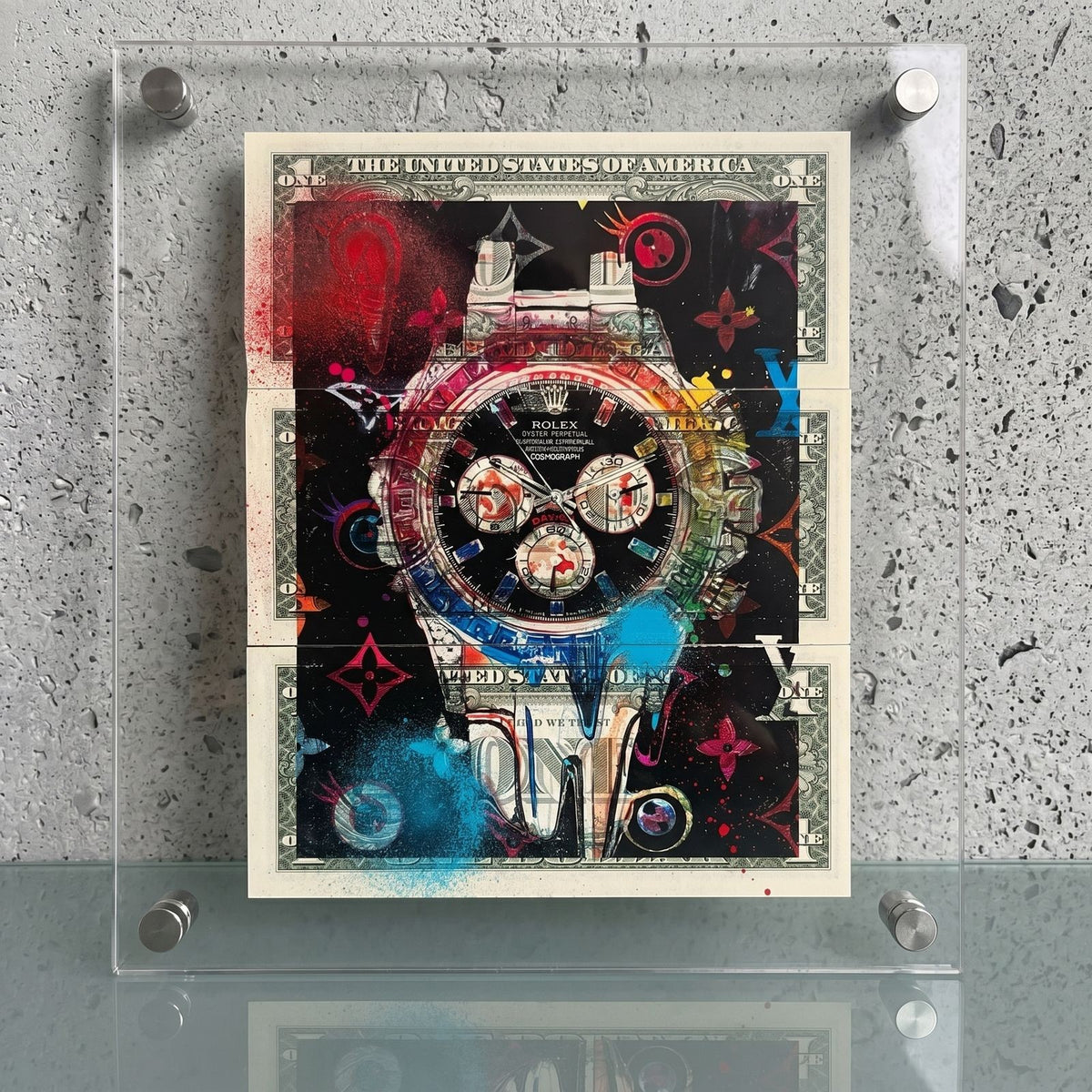 Death NYC 1/1 Rolex Daytona Mixed Media on $1 Bills with COA, Framed Art