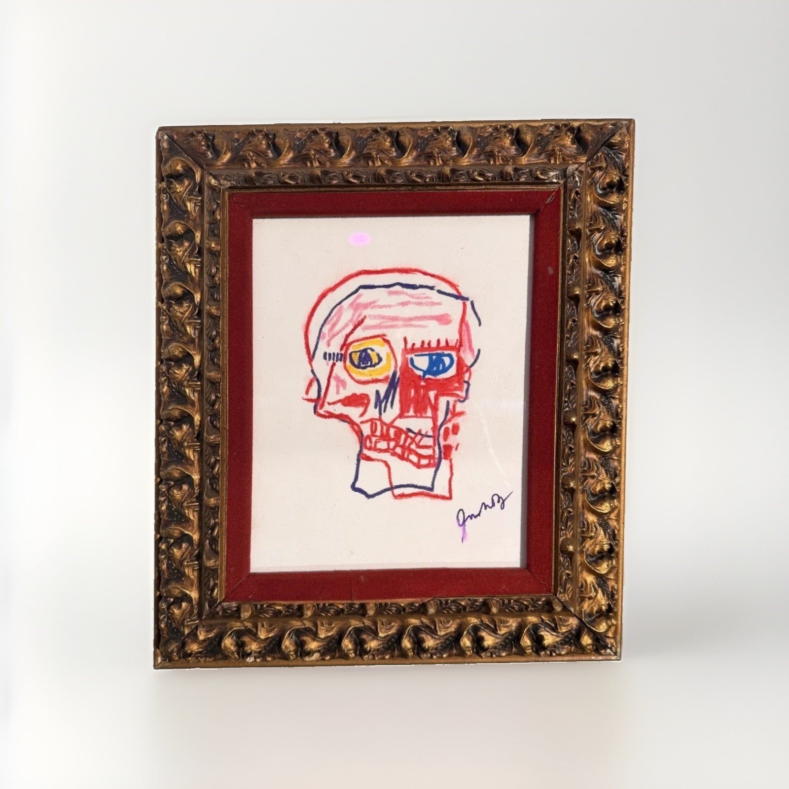 Oilstick Skull Drawing Manner of Basquiat Signed Antique Gold Frame Red Velvet
