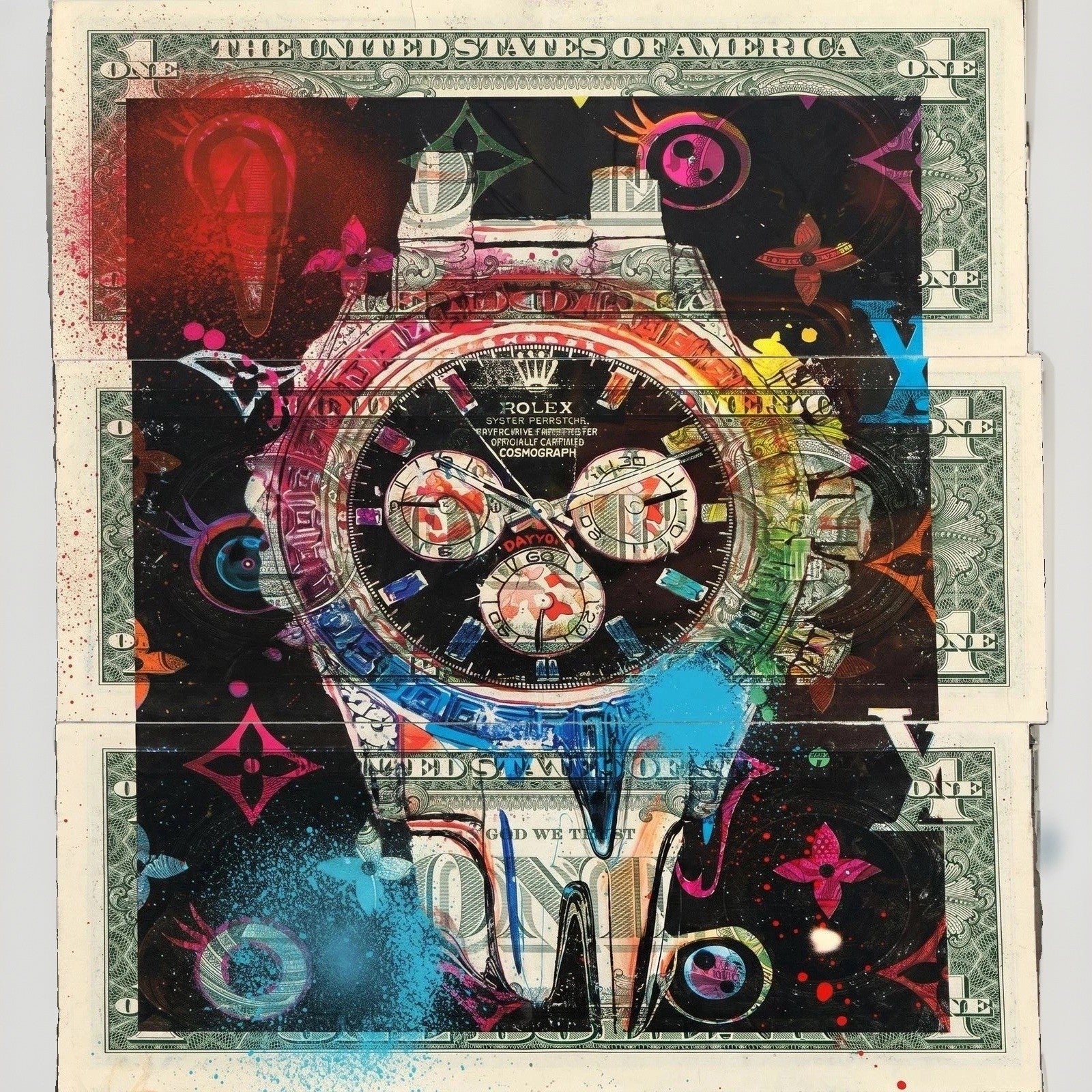 Death NYC 1/1 Rolex Daytona Mixed Media on $1 Bills with COA, Framed Art