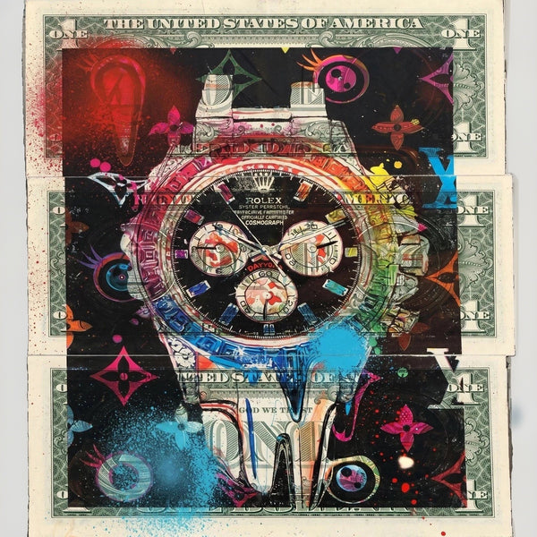 Death NYC 1/1 Rolex Daytona Mixed Media on $1 Bills with COA, Framed Art
