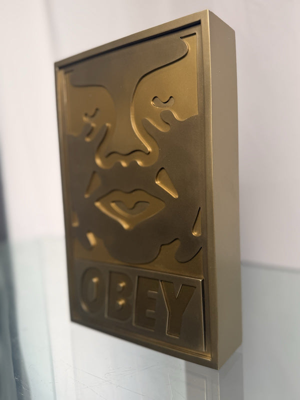 Shepard Fairey OBEY Giant Icon Face 3D Gold Relief Plaque Sculpture New in Box