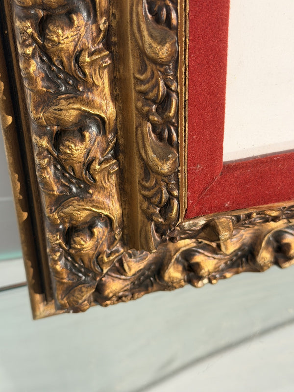 Oilstick Skull Drawing Manner of Basquiat Signed Antique Gold Frame Red Velvet