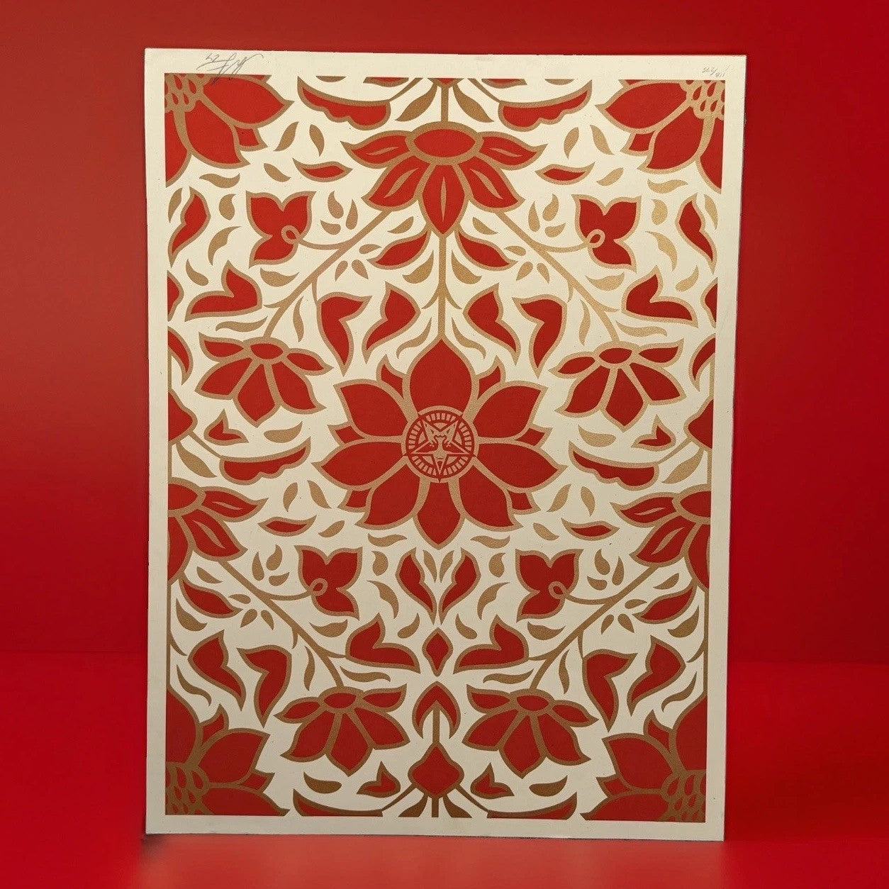 Shepard Fairey Floral Pattern Red Gold Signed Numbered Screen Print Obey Giant