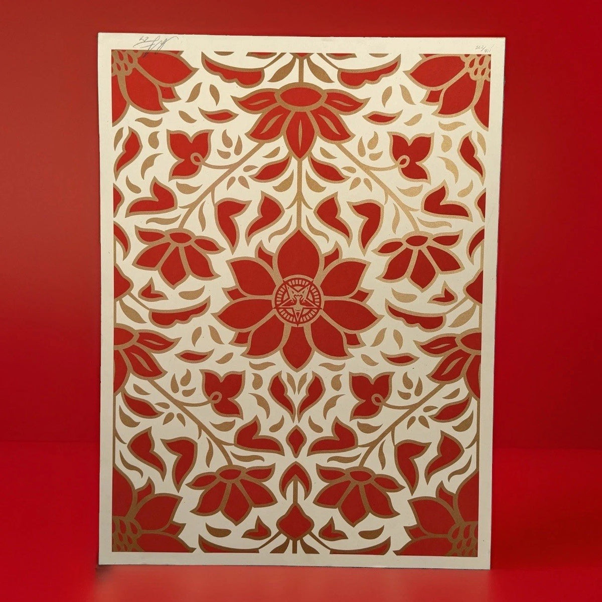Shepard Fairey Floral Pattern Red Gold Signed Numbered Screen Print Obey Giant