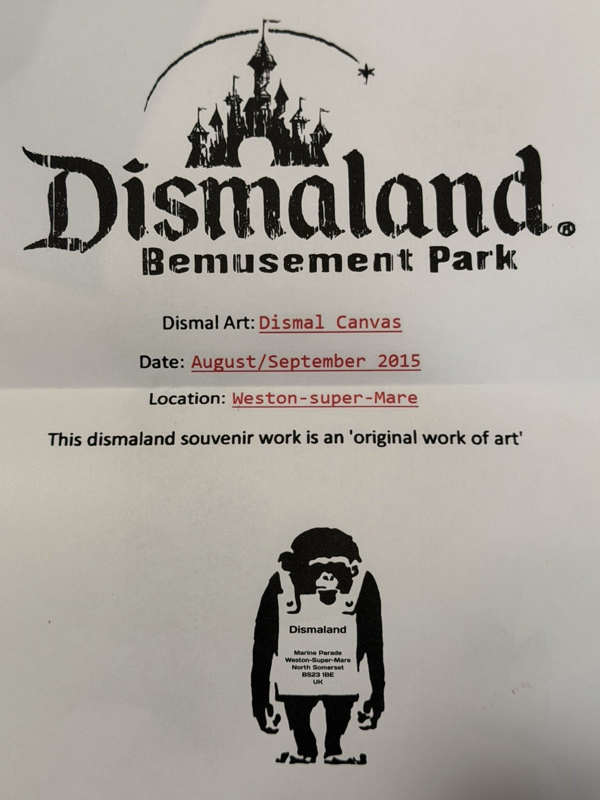 Banksy Dismaland Achieve Greatness 1/10 Signed Stencil Canvas 2015 Ticket