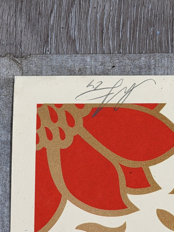 Shepard Fairey Floral Pattern Red Gold Signed Numbered Screen Print Obey Giant