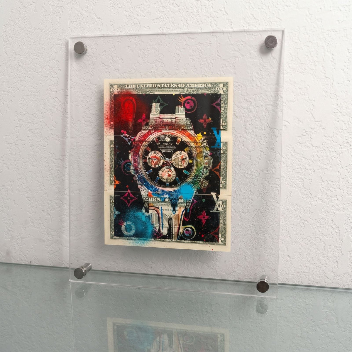 Death NYC 1/1 Rolex Daytona Mixed Media on $1 Bills with COA, Framed Art