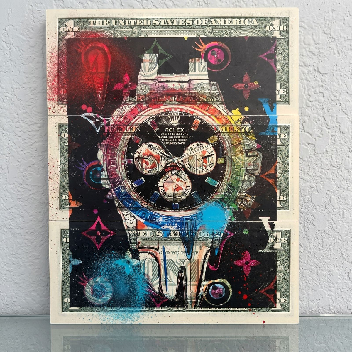 Death NYC 1/1 Rolex Daytona Mixed Media on $1 Bills with COA, Framed Art