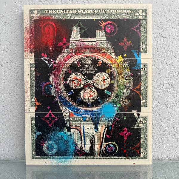 Death NYC 1/1 Rolex Daytona Mixed Media on $1 Bills with COA, Framed Art