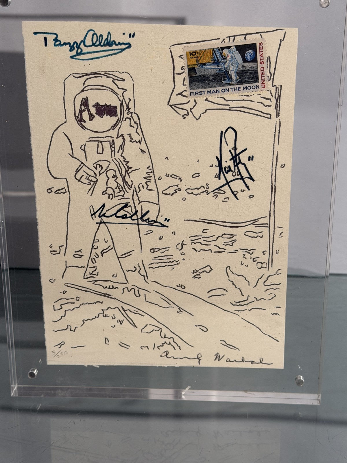 After Andy Warhol Moon Landing Line Drawing 5/50 w/ Astronaut Autographs As-Is
