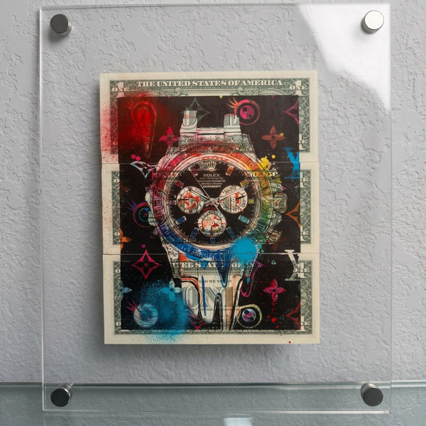 Death NYC 1/1 Rolex Daytona Mixed Media on $1 Bills with COA, Framed Art