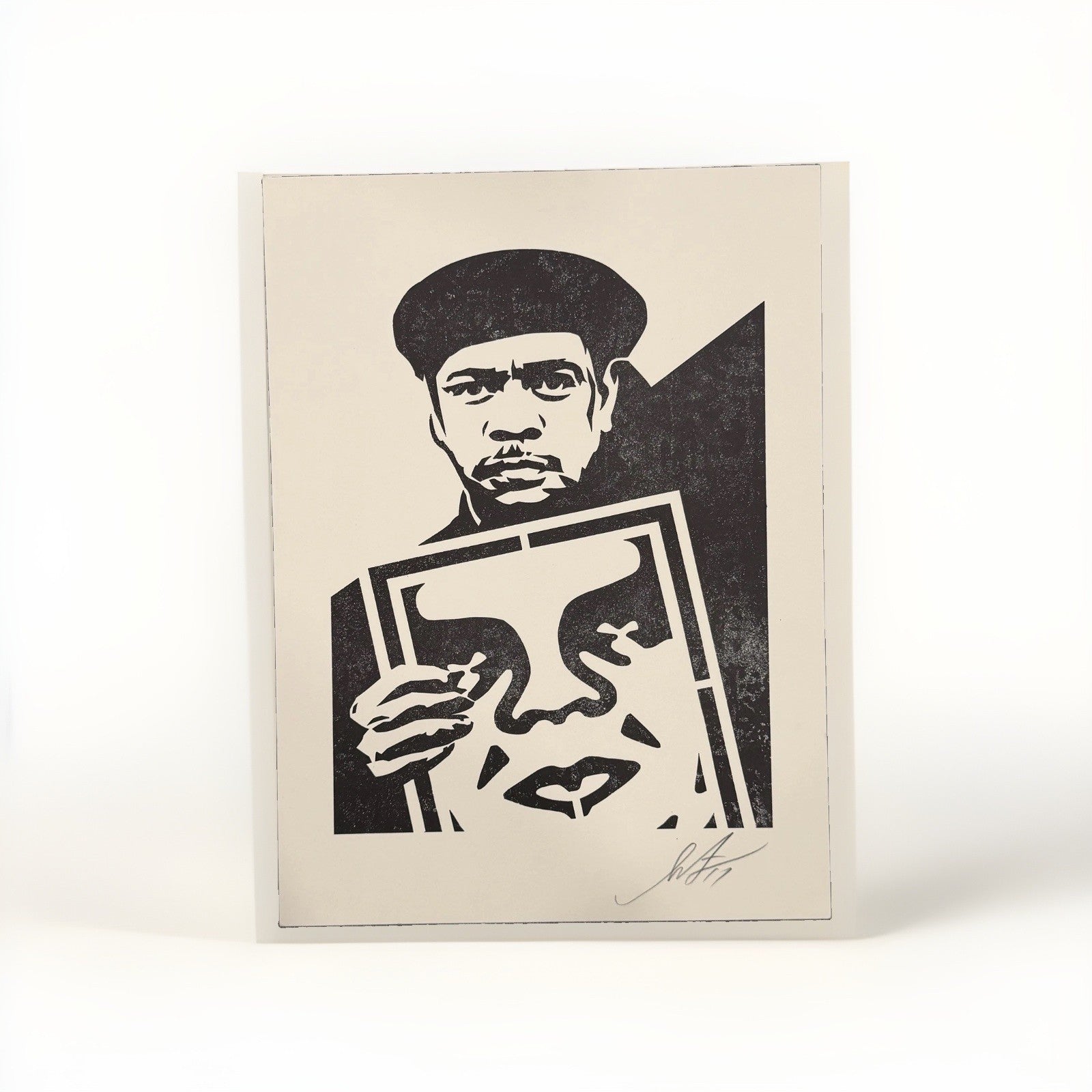 Shepard Fairey Signed OBEY Print 2017 Man in Beret Holding OBEY Icon Street Art