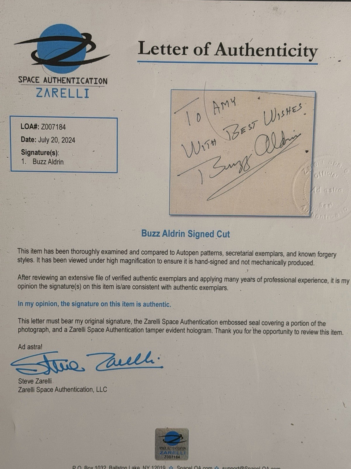 BUZZ ALDRIN APOLLO 11  TRANQUILITY FRAMED AUTOGRAPH - ZARELLI SPACE COA