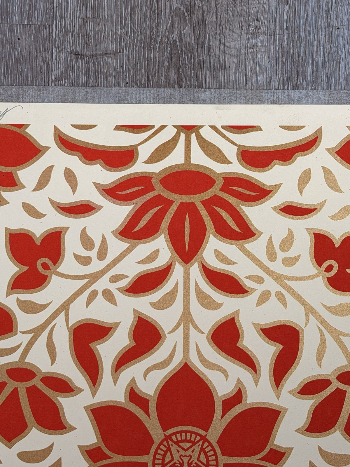 Shepard Fairey Floral Pattern Red Gold Signed Numbered Screen Print Obey Giant
