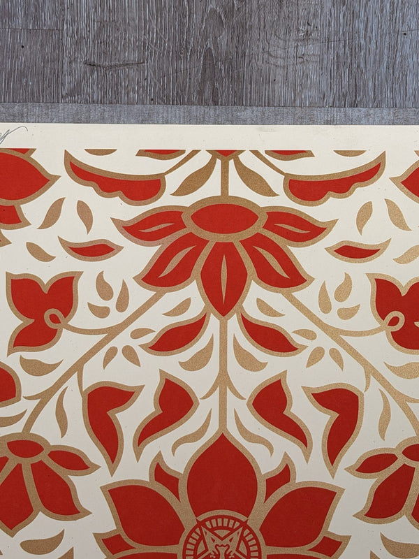 Shepard Fairey Floral Pattern Red Gold Signed Numbered Screen Print Obey Giant