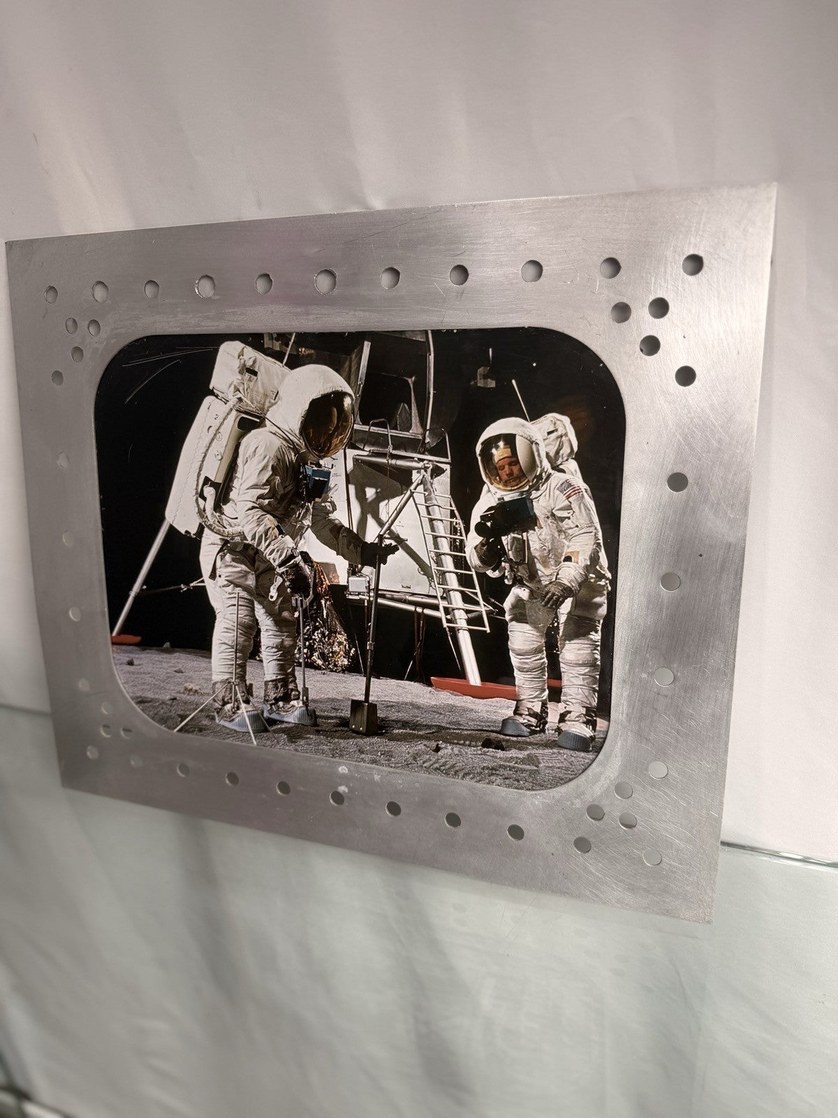 Apollo Astronauts on the Moon NASA Photo Riveted Aluminum Spacecraft Frame