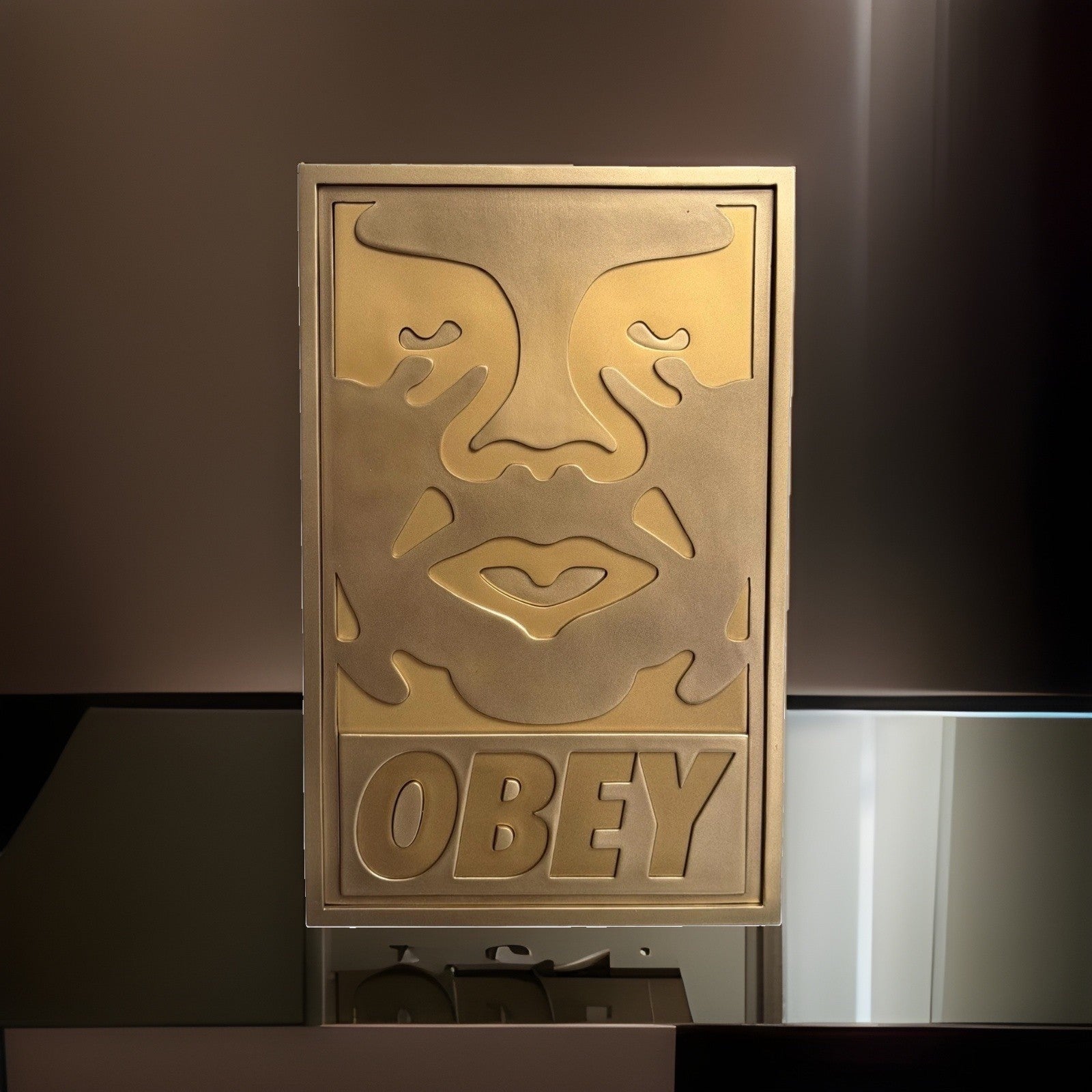 Shepard Fairey OBEY Giant Icon Face 3D Gold Relief Plaque Sculpture New in Box