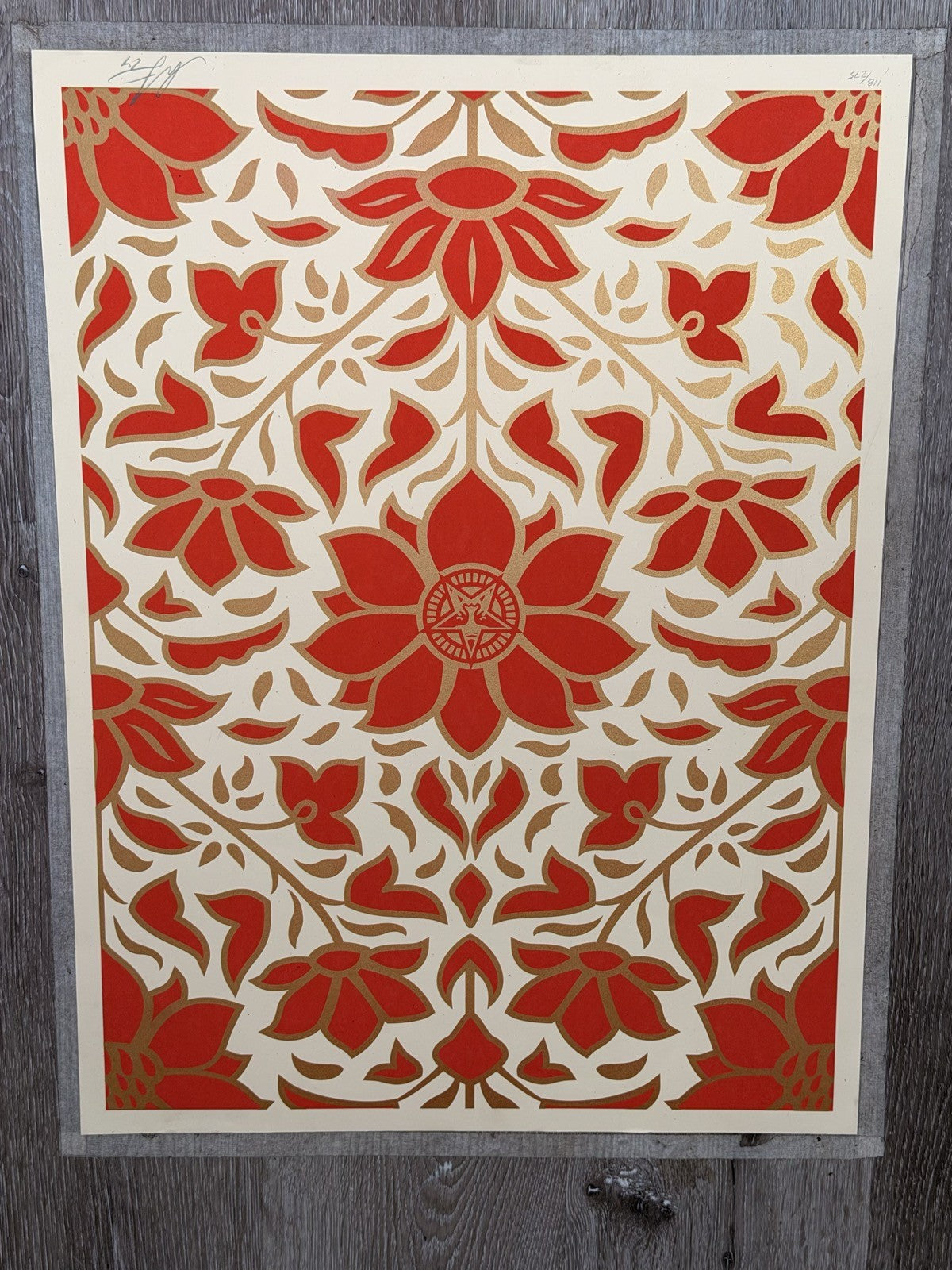 Shepard Fairey Floral Pattern Red Gold Signed Numbered Screen Print Obey Giant