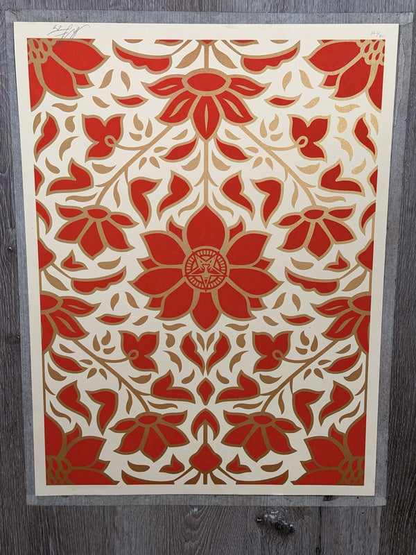 Shepard Fairey Floral Pattern Red Gold Signed Numbered Screen Print Obey Giant