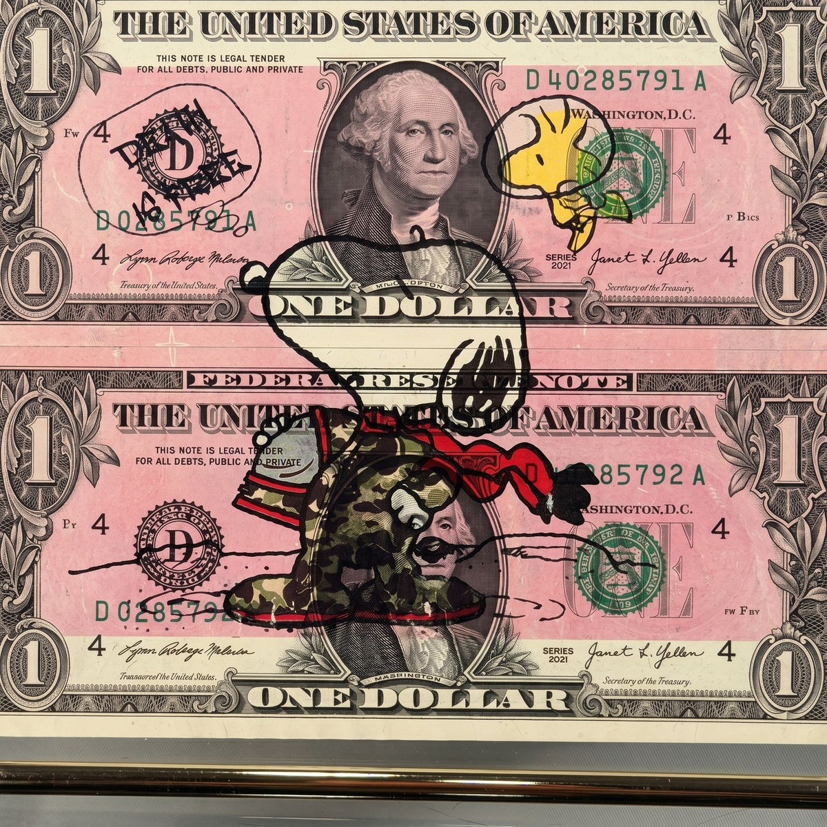 Death NYC — Snoopy & Woodstock on U.S. Dollar Diptych Signed LE