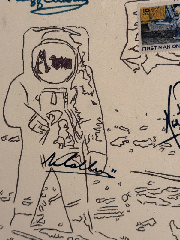 After Andy Warhol Moon Landing Line Drawing 5/50 w/ Astronaut Autographs As-Is