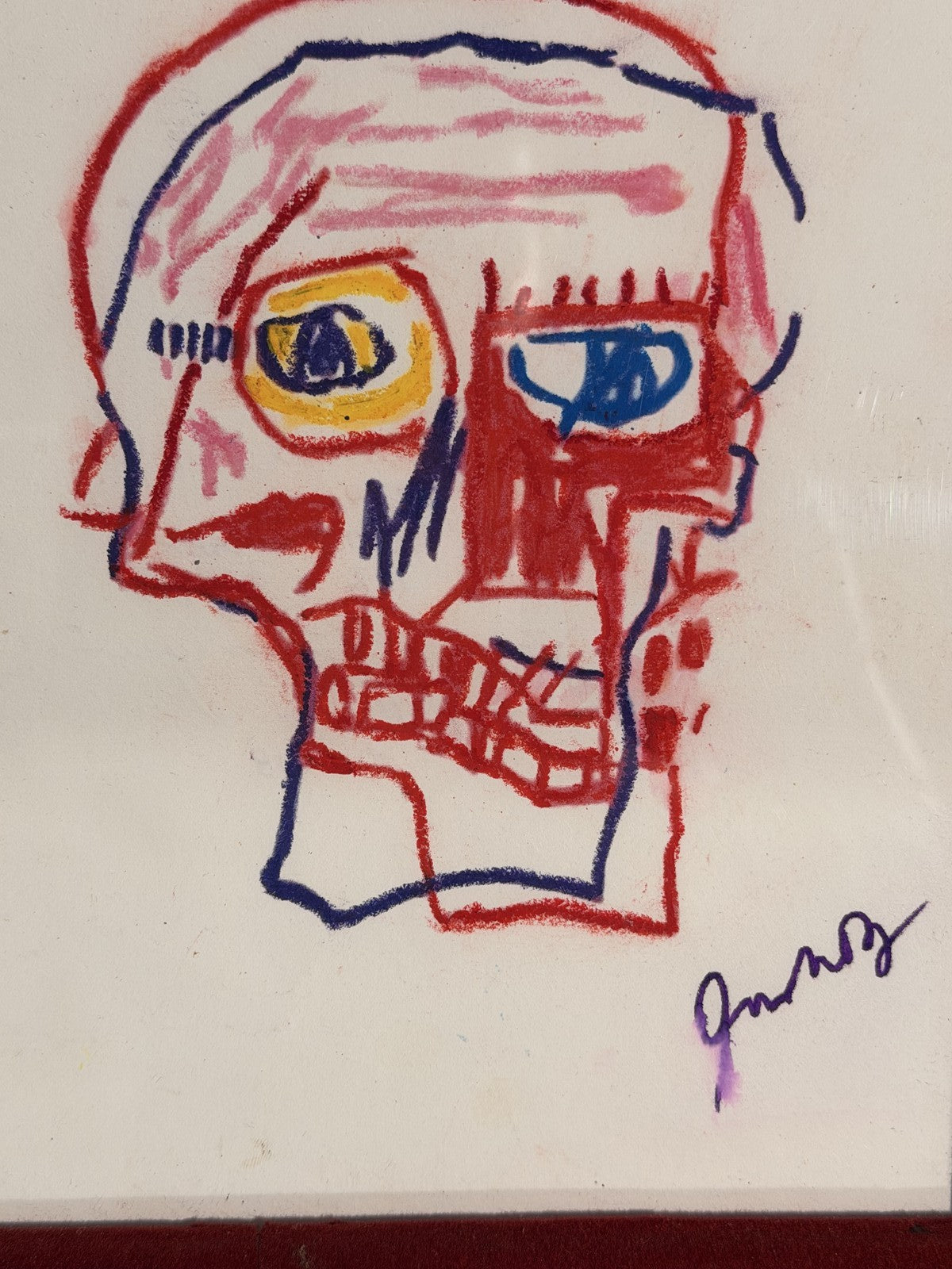 Oilstick Skull Drawing Manner of Basquiat Signed Antique Gold Frame Red Velvet