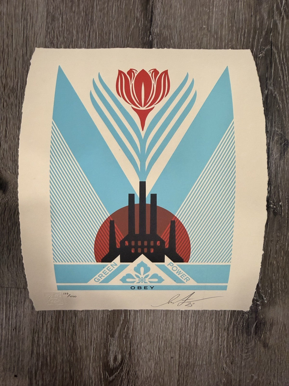 Shepard Fairey Green Power Factory Blue Signed Numbered 177/450 OBEY Print 2023