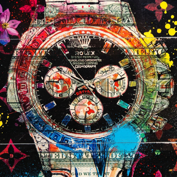 Death NYC 1/1 Rolex Daytona Mixed Media on $1 Bills with COA, Framed Art
