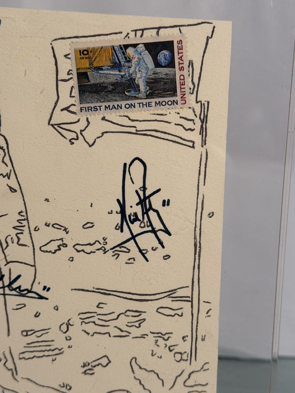 After Andy Warhol Moon Landing Line Drawing 5/50 w/ Astronaut Autographs As-Is