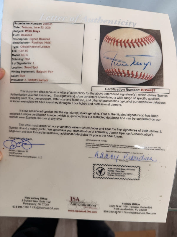 Willie Mays Signed Autographed Baseball JSA LOA Official National League