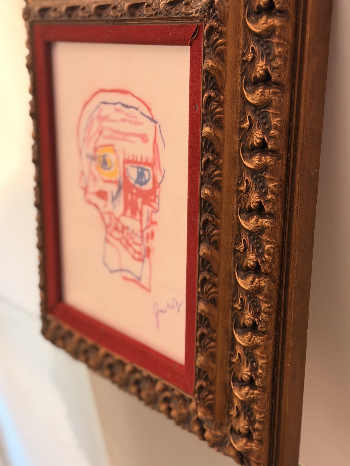 Oilstick Skull Drawing Manner of Basquiat Signed Antique Gold Frame Red Velvet