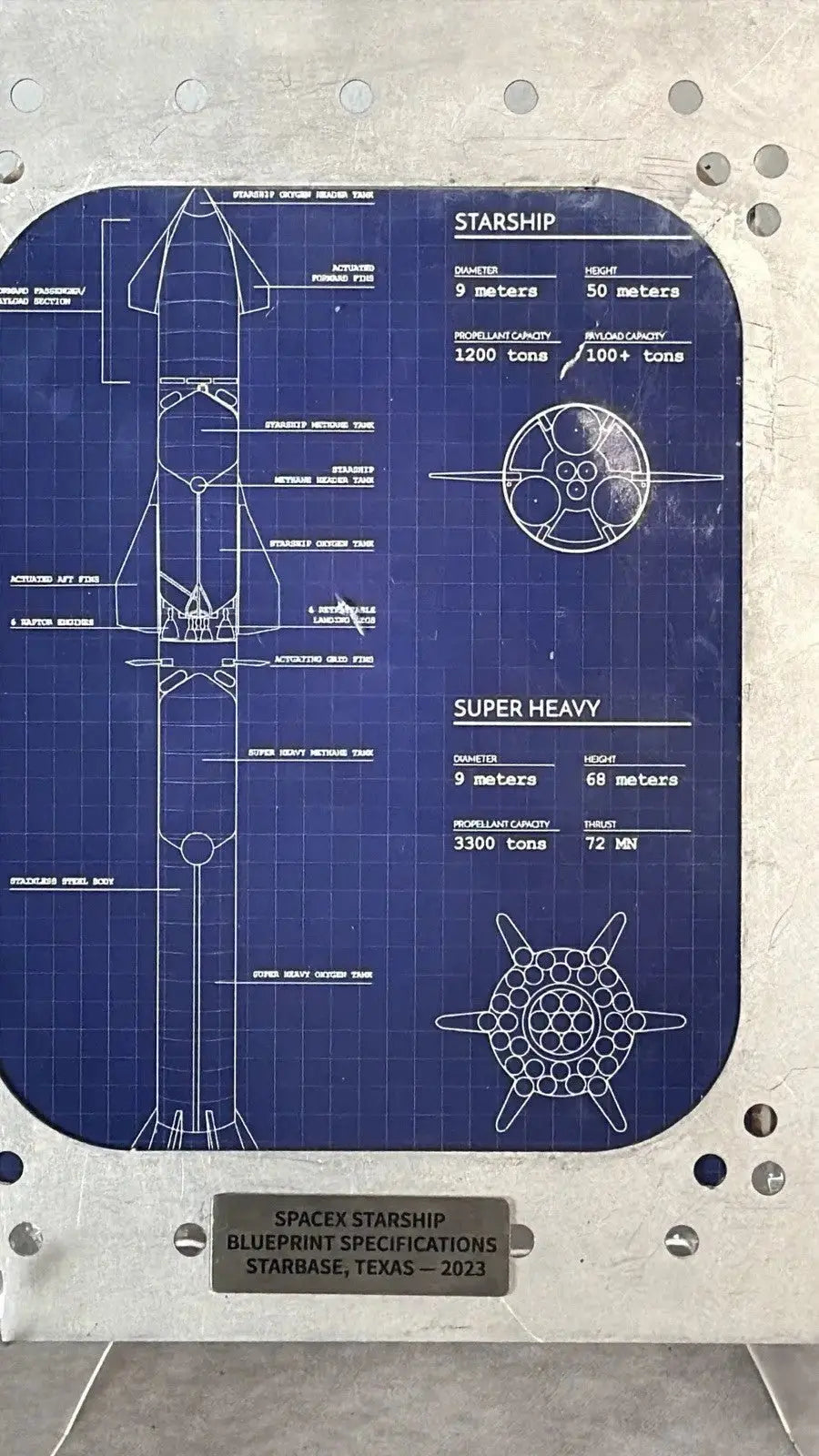 SpaceX Starship Blueprint Metal Display Panel - Starbase Texas 2023, 11x14 - Gauntlet Gauntlet Gallery
