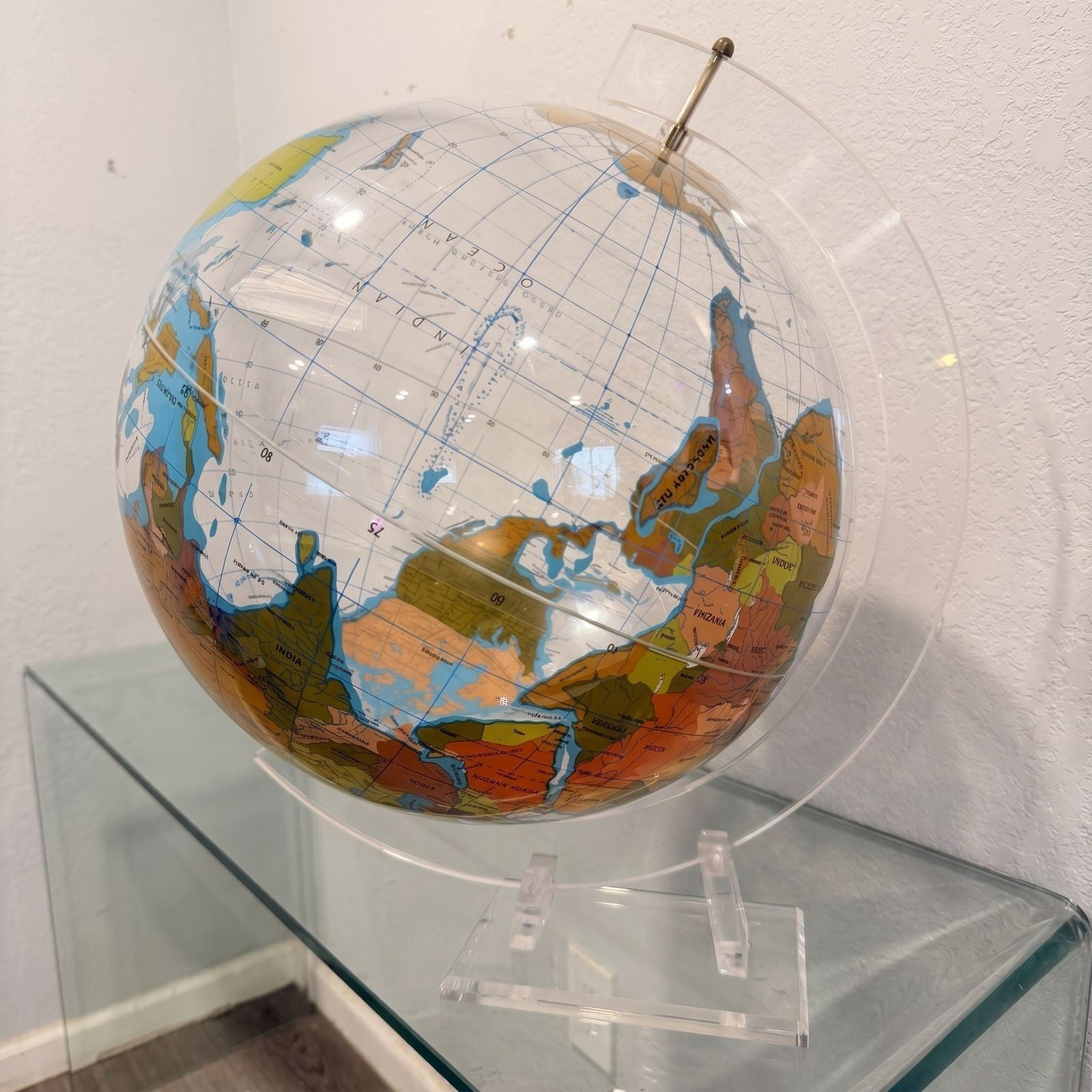 Vintage South - Up World Globe (McArthur Projection) w/ Clear Lucite Stand – 16” - Gauntlet Gallery